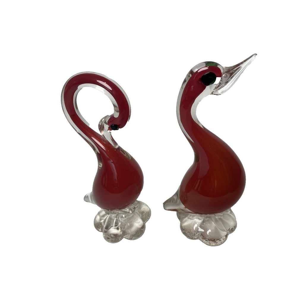 2 Vintage Mid Century MURANO Venetian Art Glass DUCK FIGURINE 8" tall Red Orange